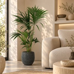 Sfeerfoto Howea Forsteriana Kai in een zwarte pot in lichte woonkamer 