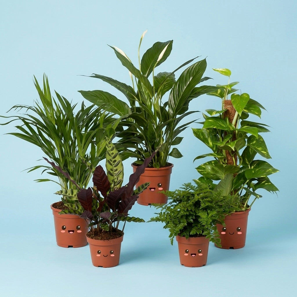 Een verzameling van vijf sterk luchtzuiverende kamerplanten uit het Gezonde Slaapkamer Pakket, speciaal geselecteerd voor een frisse lucht en betere nachtrust.